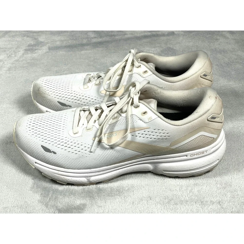 Brooks Ghost 15 Running Shoes Women's 9.5 White Cream Athletic Sneakers Mesh